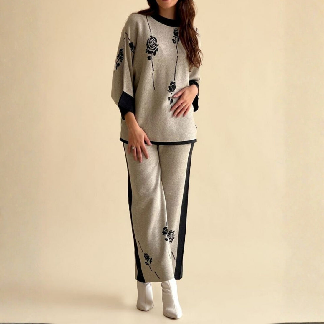 Cozy-Chic Winter Crop Co-ord Sets for Women | Beige-Black | CSS-44