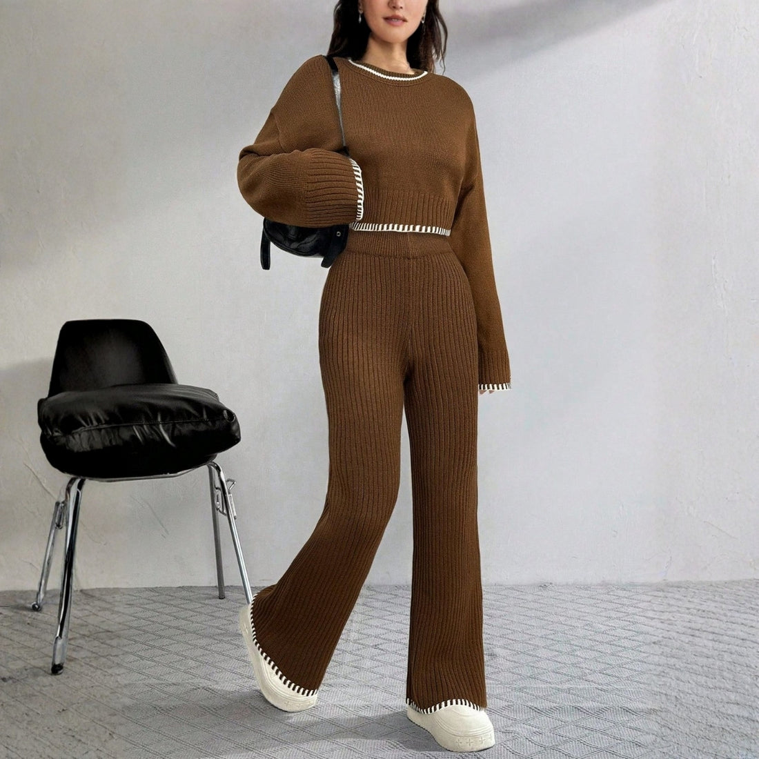 Cozy-Chic Winter Crop Co-ord Sets for Women | Brown | CSS-37