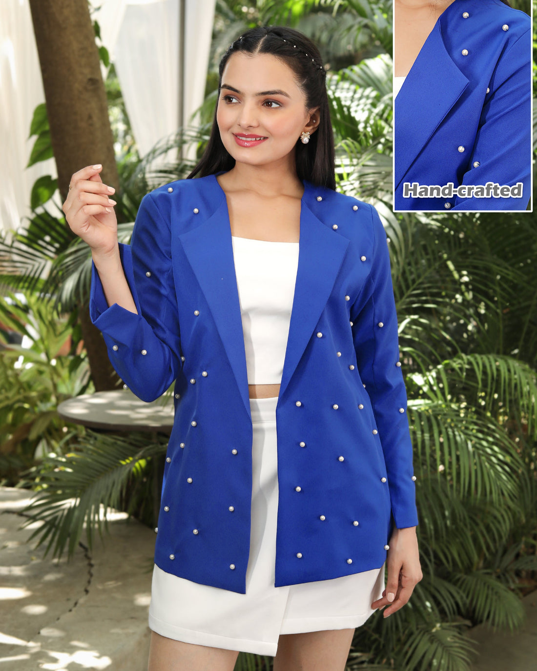 Plain Royal Blue Pearl Hand Embellish Work Jacket