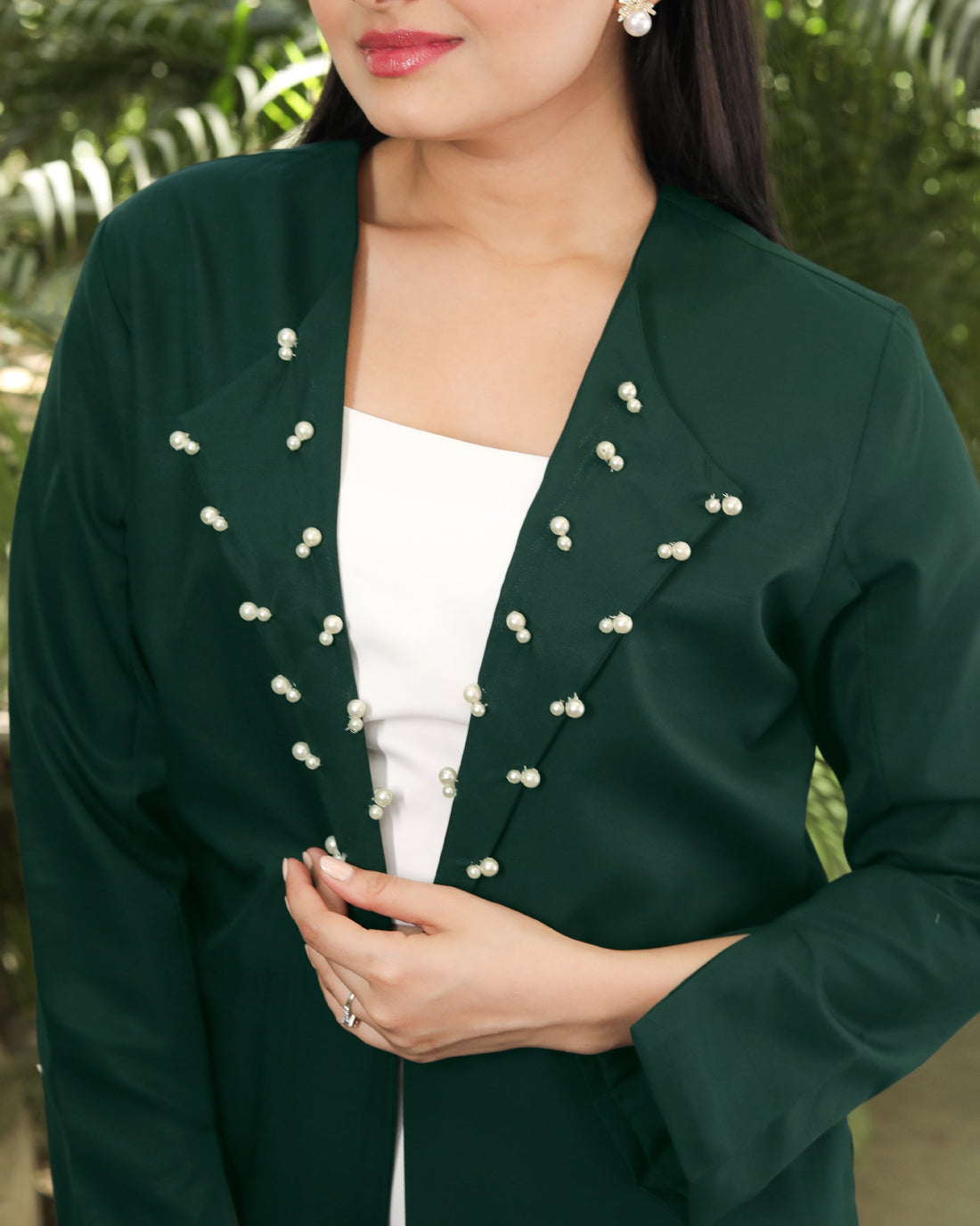 Plain Castleton Green Pearl Hand Embellish Work Jacket